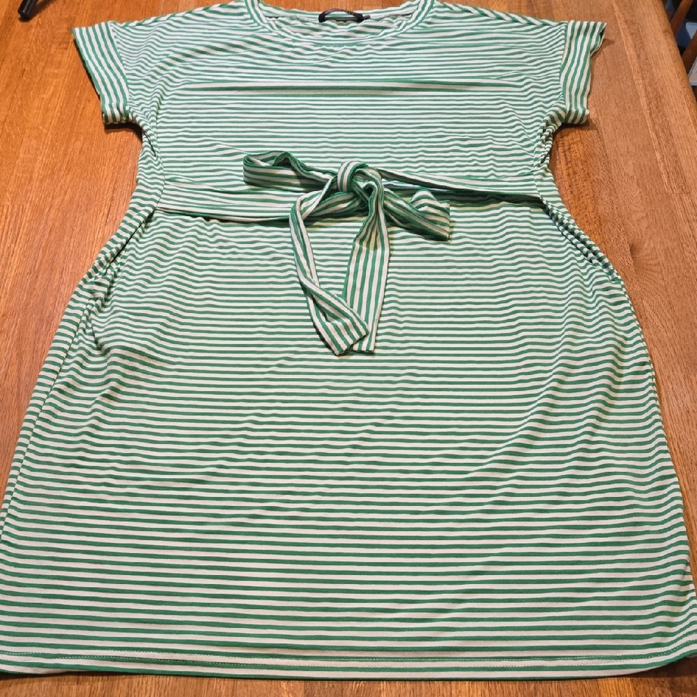 Merokeety‎ Women XL Green White Striped Pocket Midi Tie Waist Short Sleeve Dress